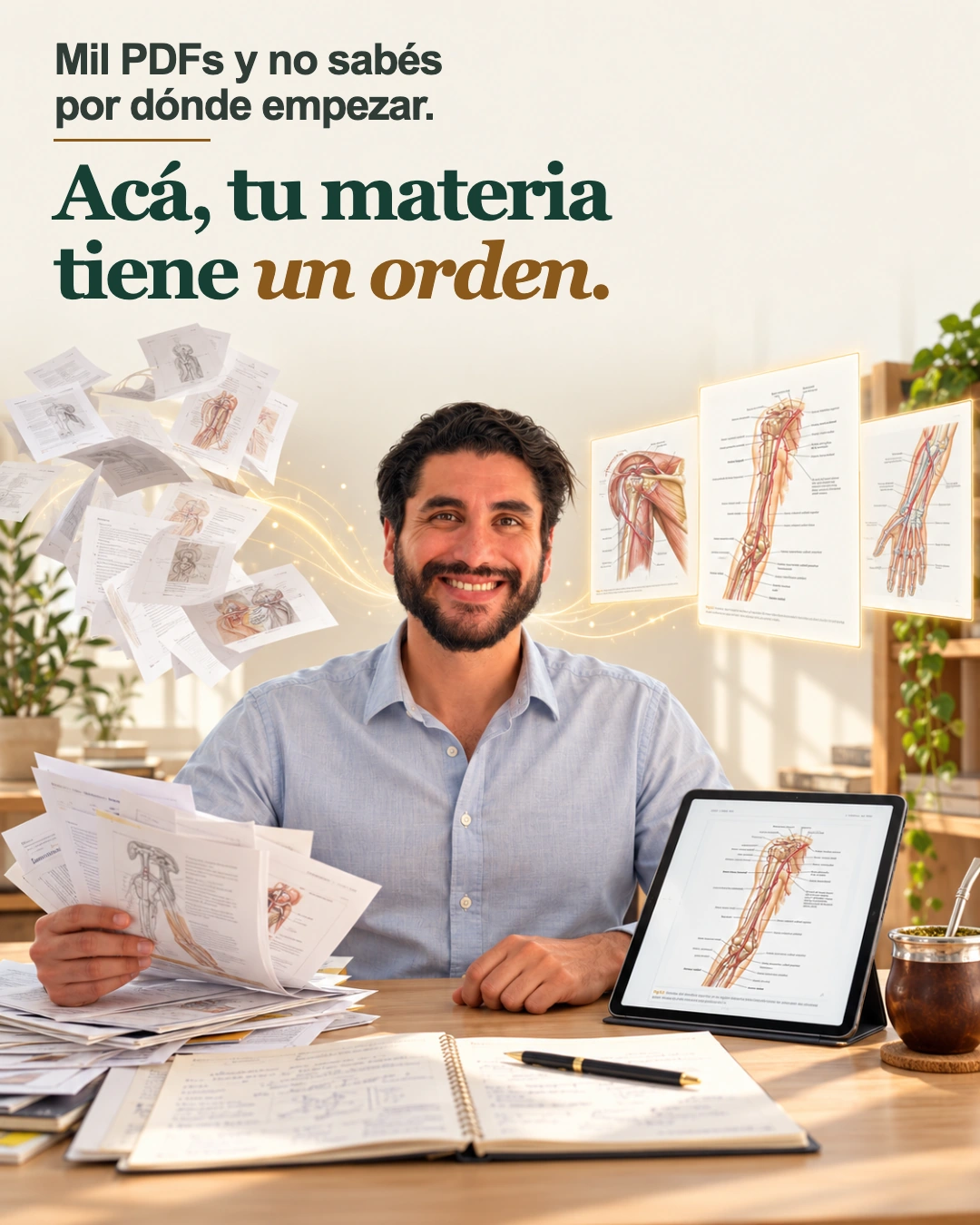 Mil PDFs y no sabés por dónde empezar. Acá, tu materia tiene un orden. Estudiante organizando sus apuntes de Anatomía.