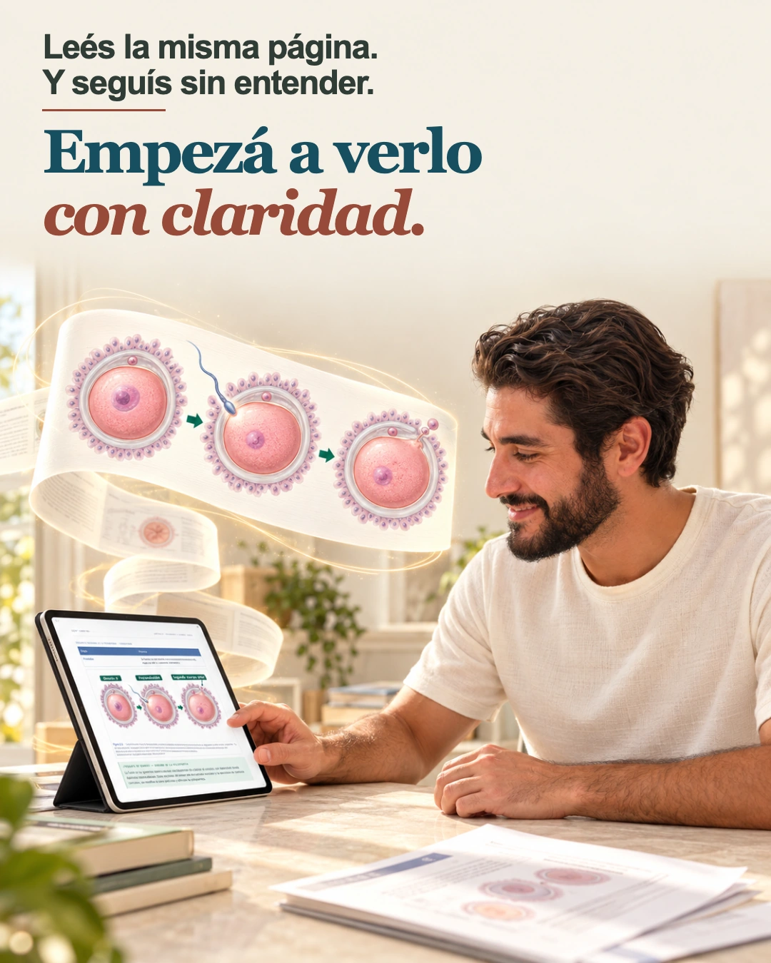 Leés la misma página. Y seguís sin entender. Empezá a verlo con claridad. Estudiante usando una ilustración de embriología en una tablet.