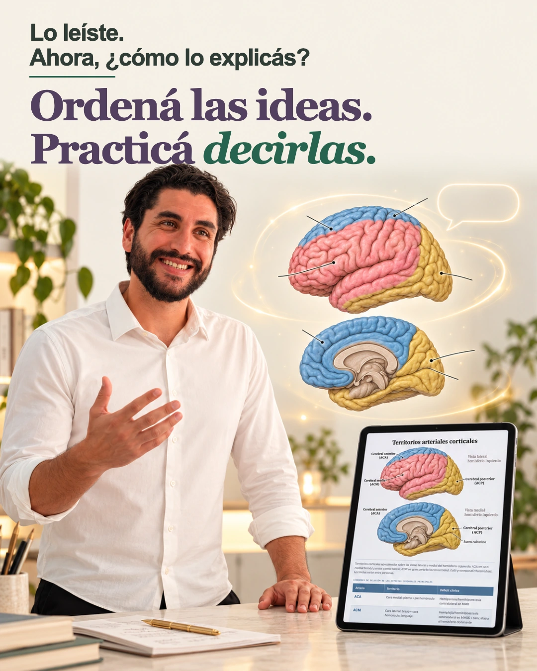 Lo leíste. Ahora, ¿cómo lo explicás? Ordená las ideas. Practicá decirlas. Estudiante explicando Neuroanatomía en voz alta.