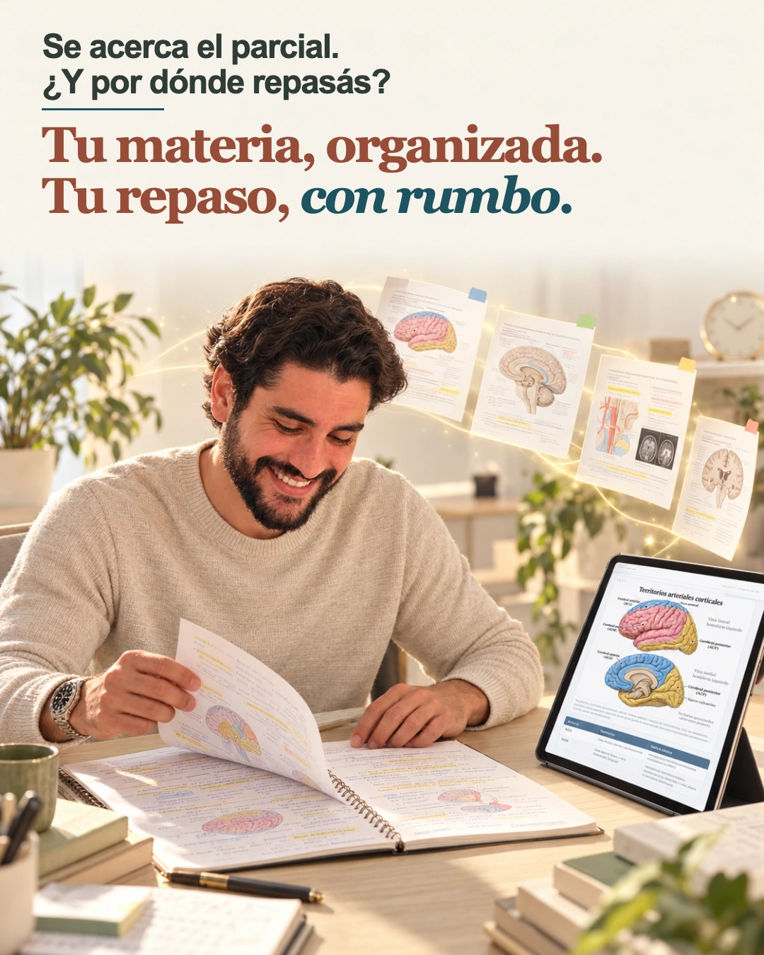 Se acerca el parcial. ¿Y por dónde repasás? Tu materia, organizada. Tu repaso, con rumbo. Estudiante repasando con apuntes impresos y tablet.