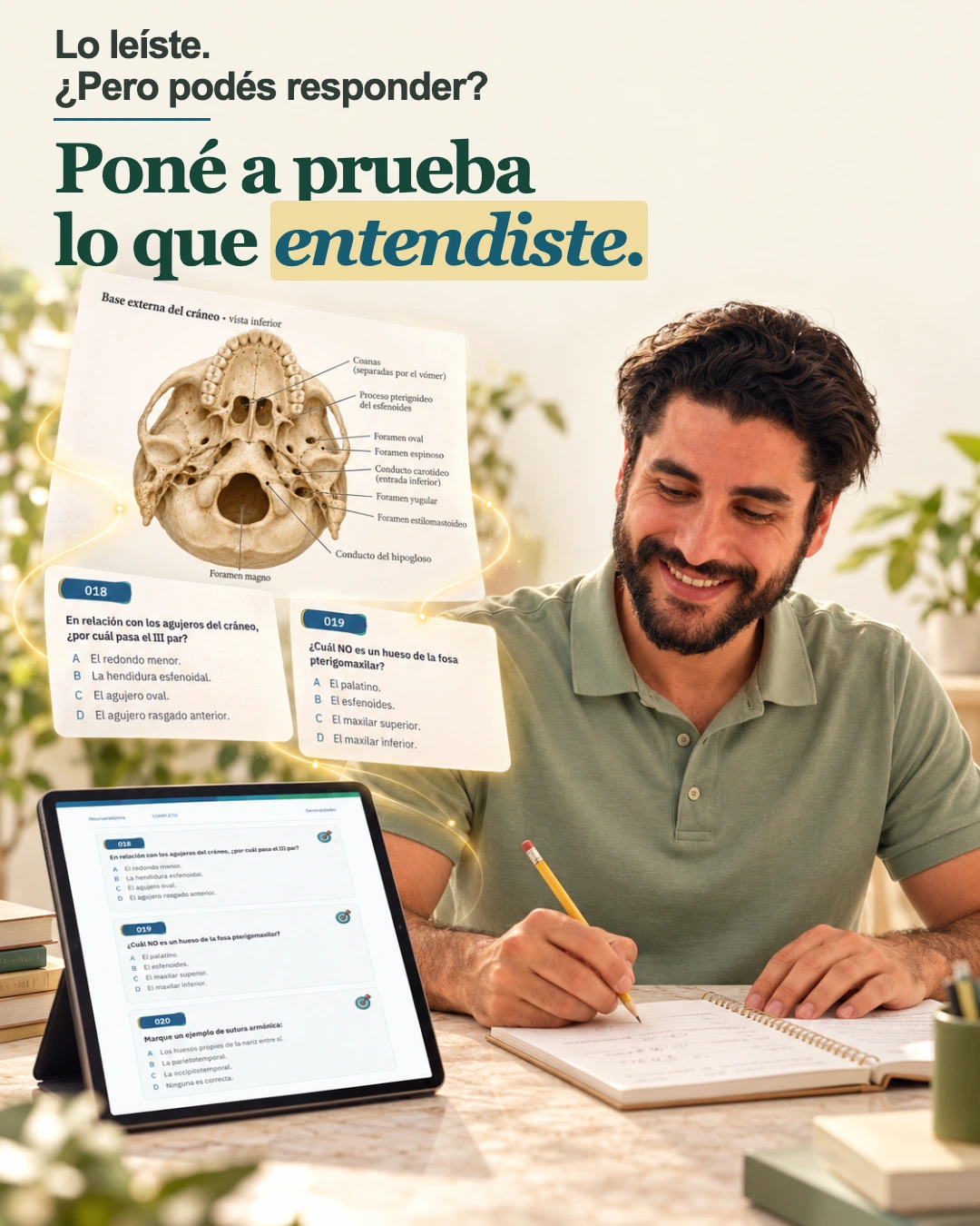 Lo leíste. ¿Pero podés responder? Poné a prueba lo que entendiste. Estudiante practicando con preguntas de Anatomía.