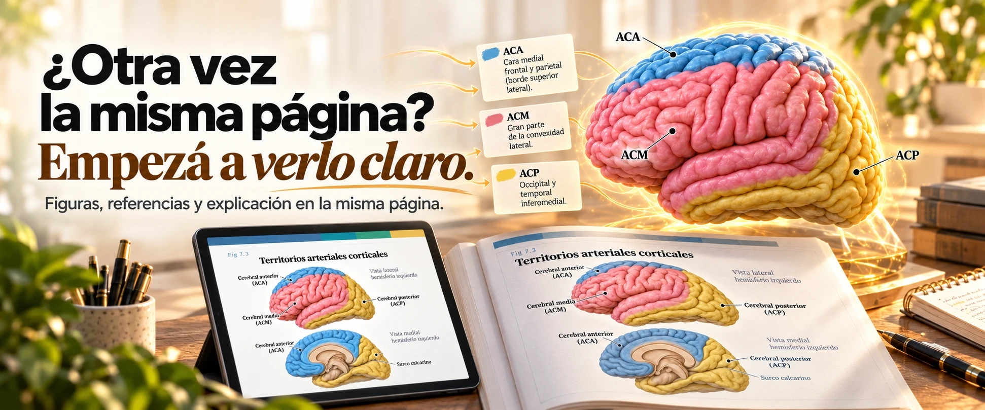 Ilustración de un apunte de Neuroanatomía con territorios arteriales corticales, referencias y explicación.