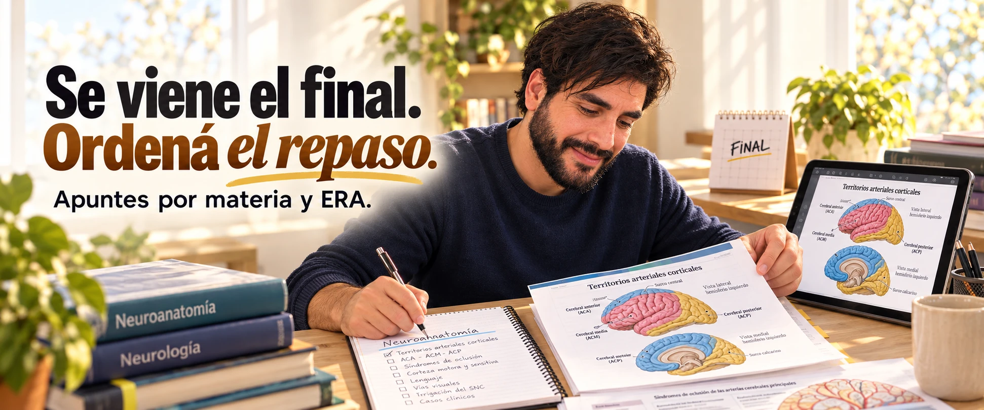 Escena ilustrada de Izzat organizando su repaso con apuntes de Neuroanatomía y una lista de temas.