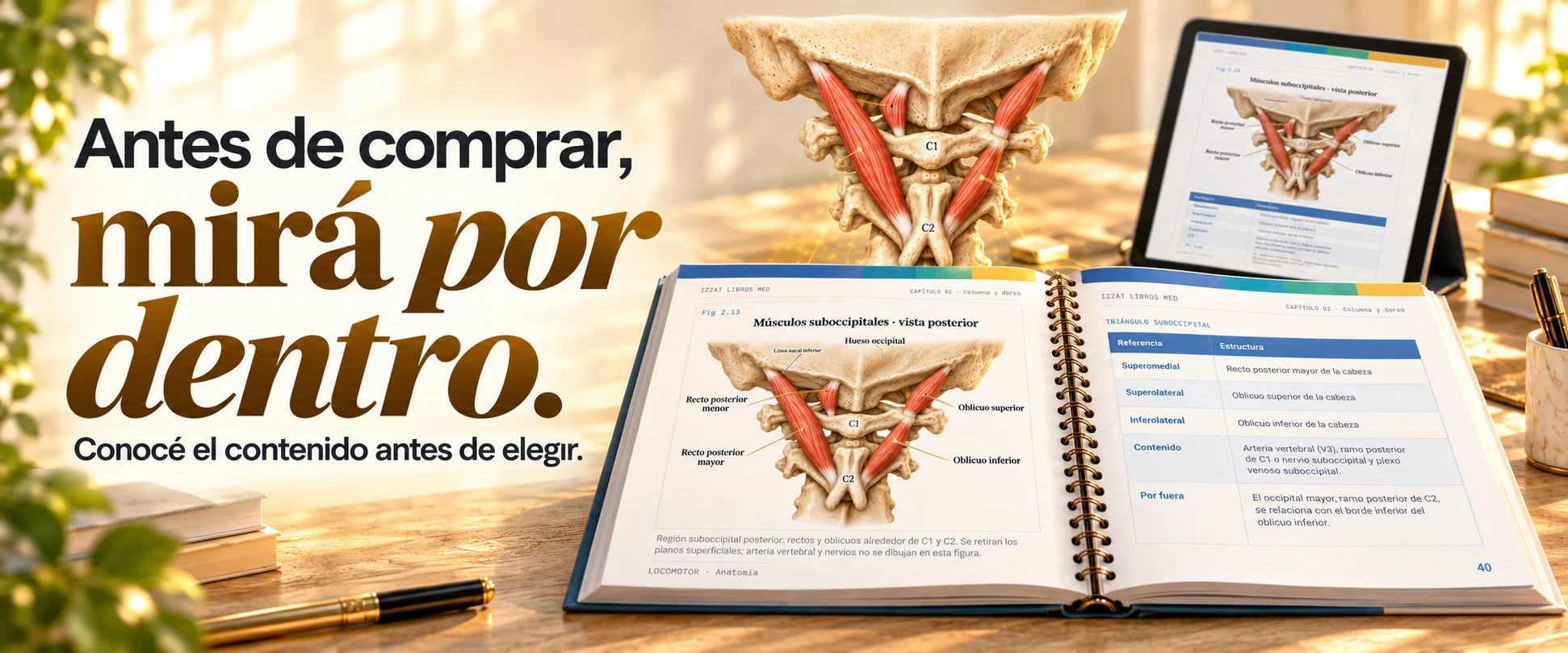 Composición ilustrada de un apunte abierto de Locomotor, con músculos suboccipitales, referencias anatómicas y lectura en tablet.